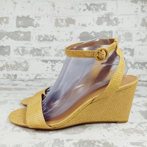 NEW Nordstrom Carrie Yellow Leather Slip On Buckle Ankle Strap Wedge Sandal O272 - Picture 1 of 10